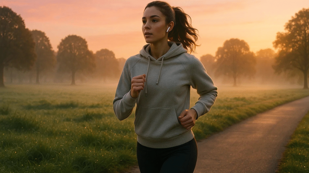 female running on a trail at dusk