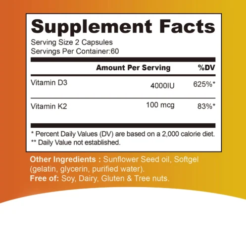 Vitamin D3 + K2 Supplement - Support Immunity, Help Regulate Calcium Metabolism Promote Bone Teeth, Skin Health - 120 Capsules - Image 2