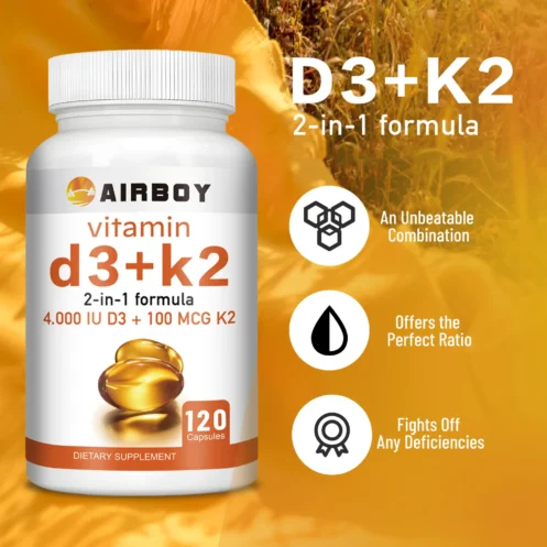 Vitamin D3 + K2 Supplement - Support Immunity, Help Regulate Calcium Metabolism Promote Bone Teeth, Skin Health - 120 Capsules - Image 4