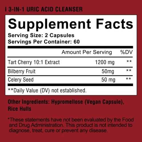 Tart Cherry Bilberry & Celery Seed - Balances Uric Acid Levels, Benefits Joints, Muscles, and Sleep Health - 120 Capsules - Image 2