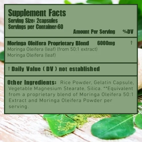 Moringa 6000mg - Support Immune System, Energy, Metabolism, Antioxidants - 120 Capsules - Image 2