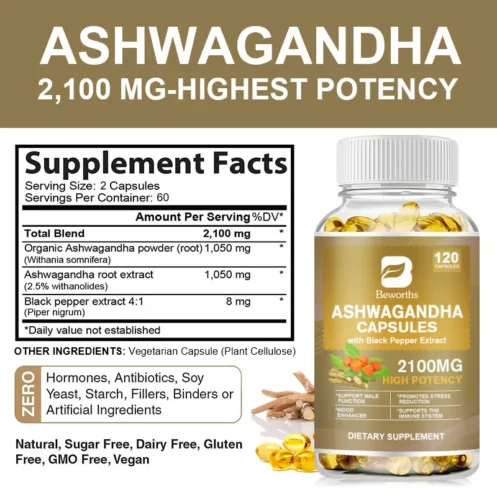 BEWORTHS Ashwagandha Root Extract Capsule Help Sleep Improve Sleep Quality Calm Down Emotions Relieve Anxiety Mood Health - Image 2